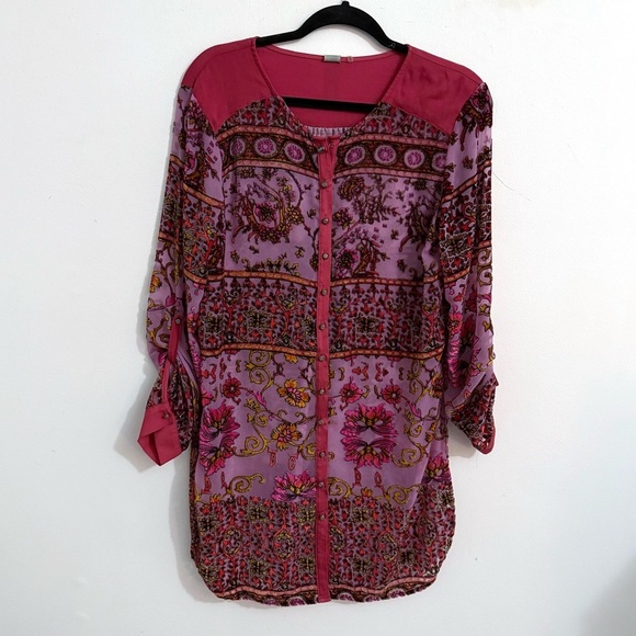 Anthropologie Aratta Pink and Purple Button Front Velvet Burnout Floral Tunic - Picture 2 of 9